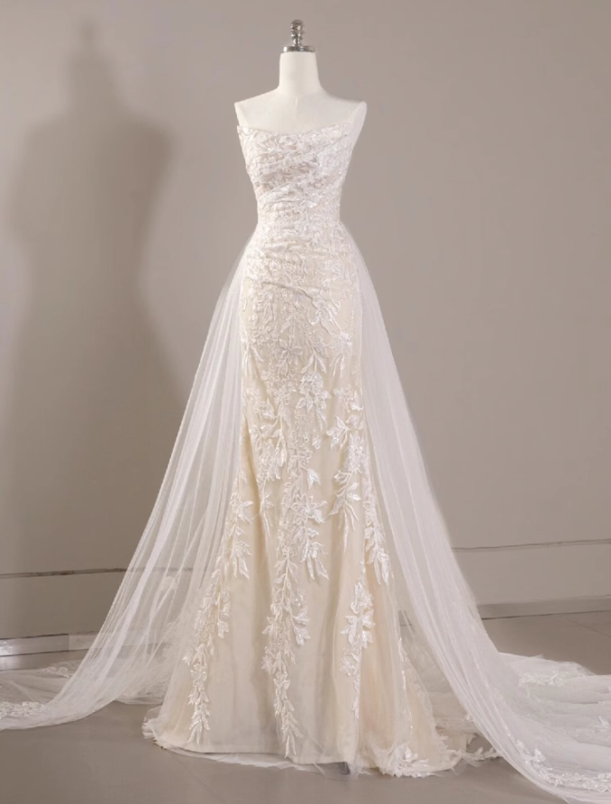 White mermaid tulle lace long prom dress, white wedding dress ED01061