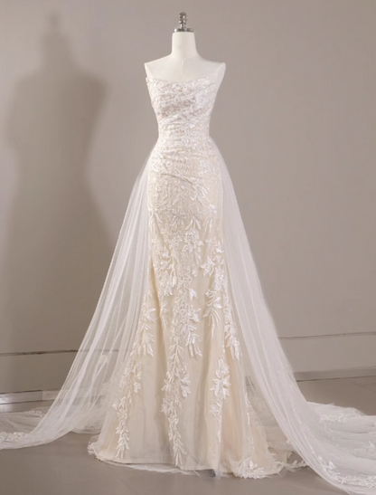 White mermaid tulle lace long prom dress, white wedding dress ED01061