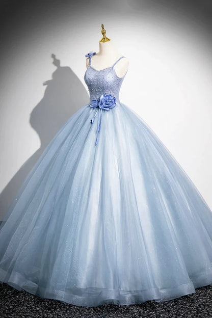 Blue A-Line Spaghetti Strap Tulle Floor Length Prom Dress, Pretty Evening Party Dress ED01062
