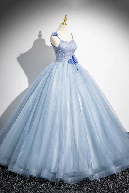 Blue A-Line Spaghetti Strap Tulle Floor Length Prom Dress, Pretty Evening Party Dress ED01062