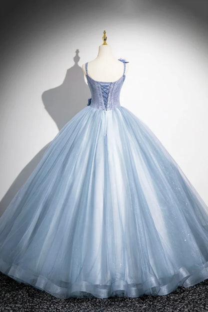 Blue A-Line Spaghetti Strap Tulle Floor Length Prom Dress, Pretty Evening Party Dress ED01062