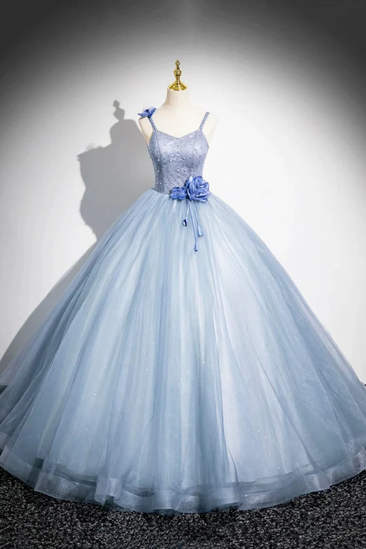Blue A-Line Spaghetti Strap Tulle Floor Length Prom Dress, Pretty Evening Party Dress ED01062