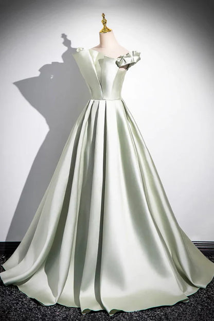 Light Green A-Line Satin Long Prom Dress, Simple Green Off shoulder Evening Dress ED01063