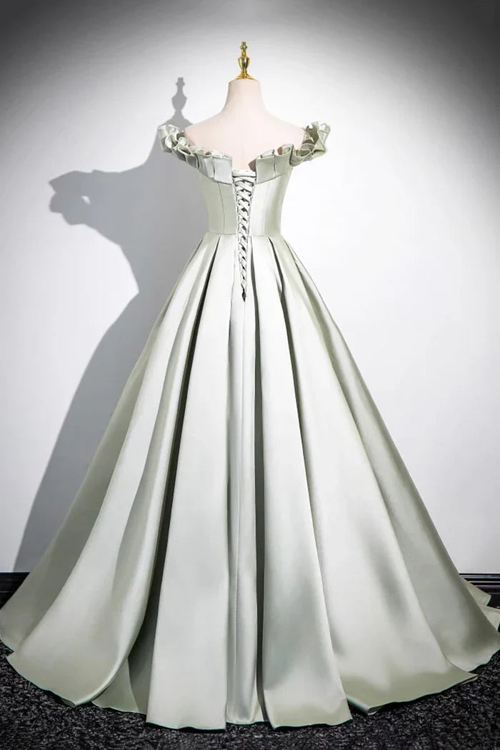 Light Green A-Line Satin Long Prom Dress, Simple Green Off shoulder Evening Dress ED01063