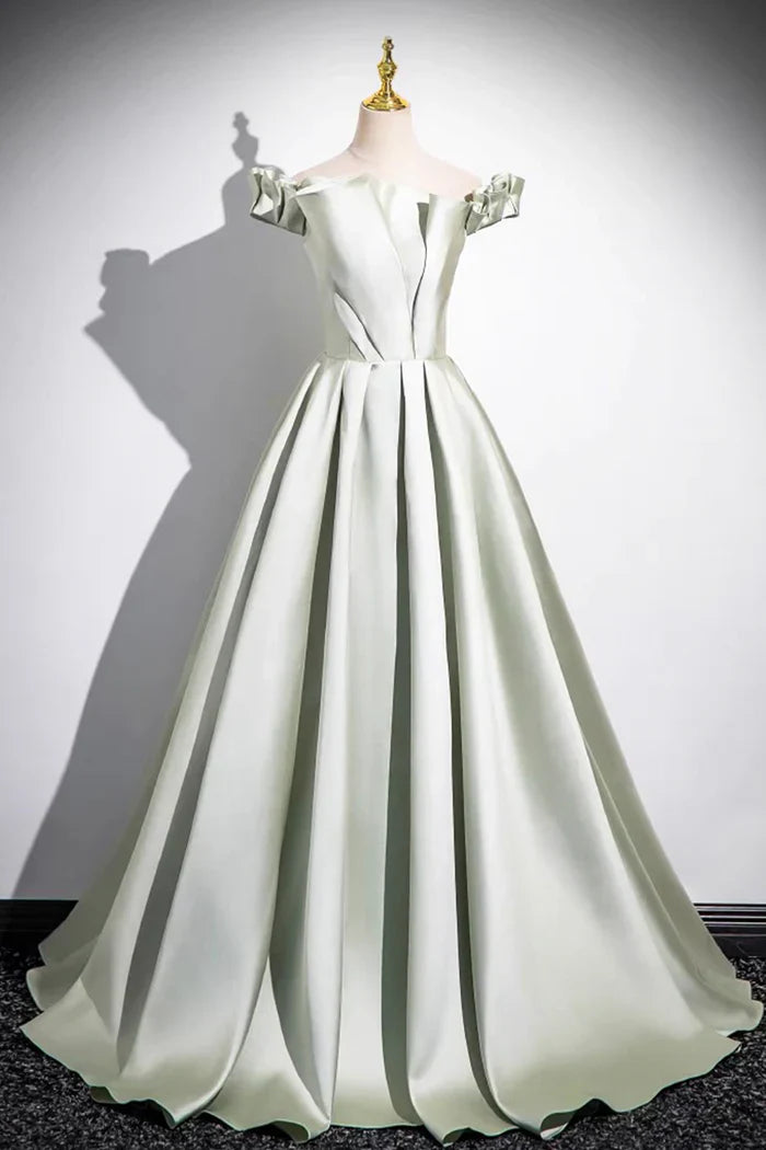 Light Green A-Line Satin Long Prom Dress, Simple Green Off shoulder Evening Dress ED01063