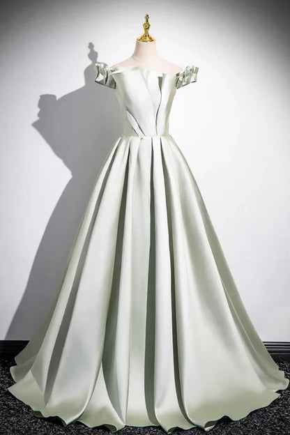 Light Green A-Line Satin Long Prom Dress, Simple Green Off shoulder Evening Dress ED01063