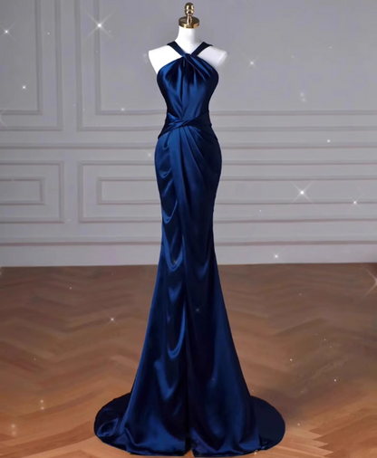 Blue mermaid satin long prom dress, blue evening dress ED01064