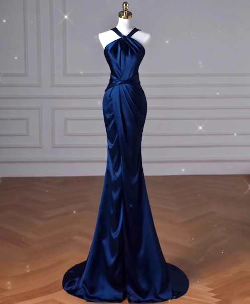 Blue mermaid satin long prom dress, blue evening dress ED01064