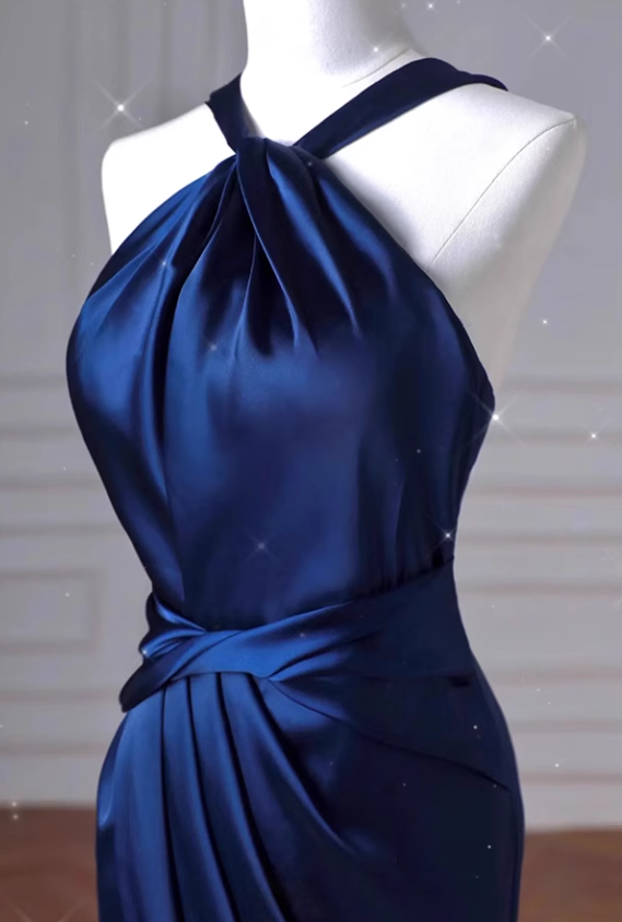 Blue mermaid satin long prom dress, blue evening dress ED01064