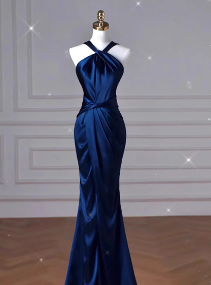 Blue mermaid satin long prom dress, blue evening dress ED01064