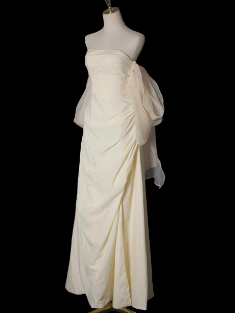 Apricot A-line strapless satin long prom dress, apricot evening dress ED01065