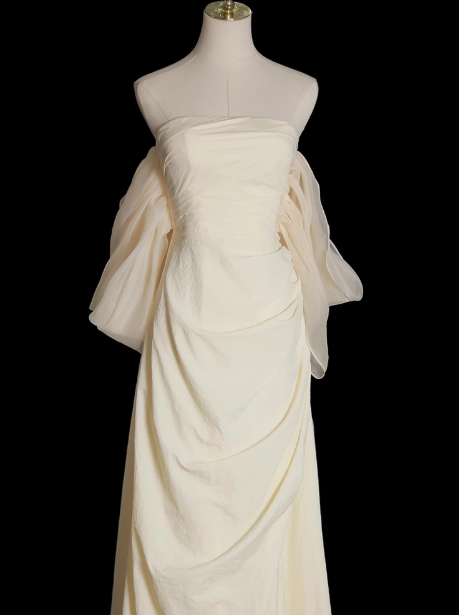 Apricot A-line strapless satin long prom dress, apricot evening dress ED01065