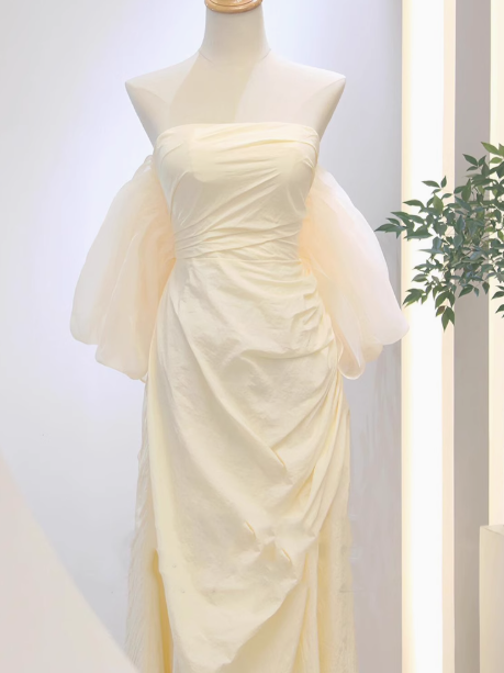 Apricot A-line strapless satin long prom dress, apricot evening dress ED01065