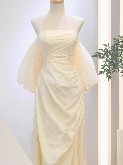 Apricot A-line strapless satin long prom dress, apricot evening dress ED01065