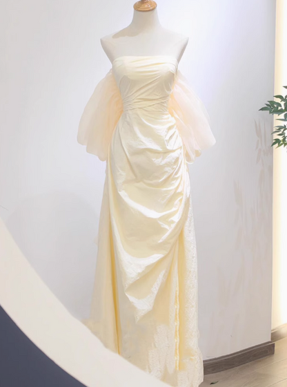 Apricot A-line strapless satin long prom dress, apricot evening dress ED01065