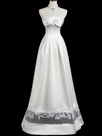 White A-line strapless satin long prom dress, white bridal dress ED01067