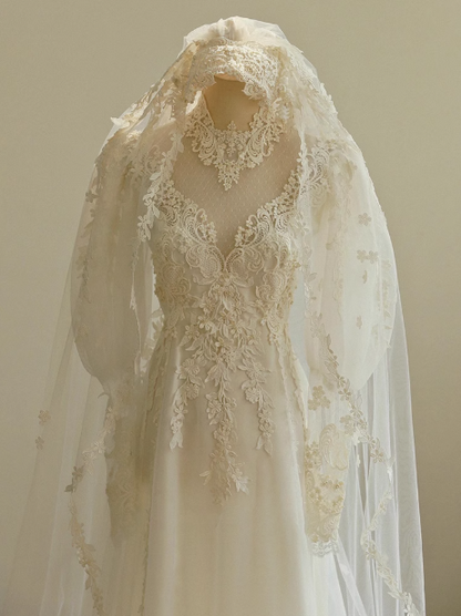 White A-line V-neck tulle lace long prom dress, White wedding dress with train ED01068