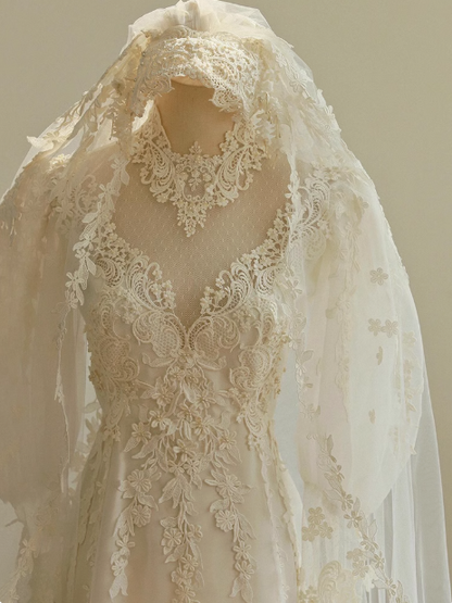 White A-line V-neck tulle lace long prom dress, White wedding dress with train ED01068