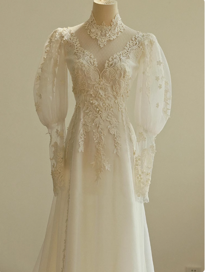 White A-line V-neck tulle lace long prom dress, White wedding dress with train ED01068