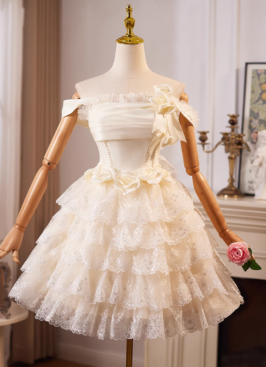 Champagne A-line off-the-shoulder satin tulle lace short prom dress, champagne birthday dress ED01069