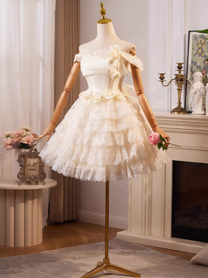 Champagne A-line off-the-shoulder satin tulle lace short prom dress, champagne birthday dress ED01069