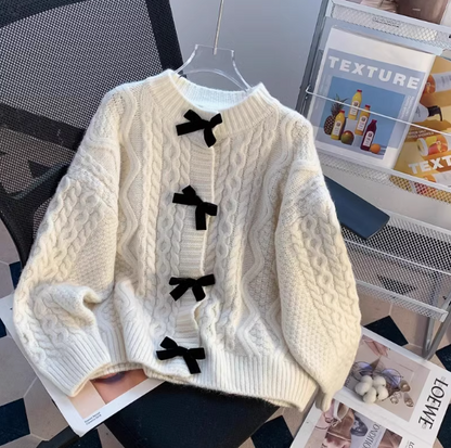 Super beautiful bow sweater coat for women autumn and winter new loose lazy style sweet knitted cardigan ED0106