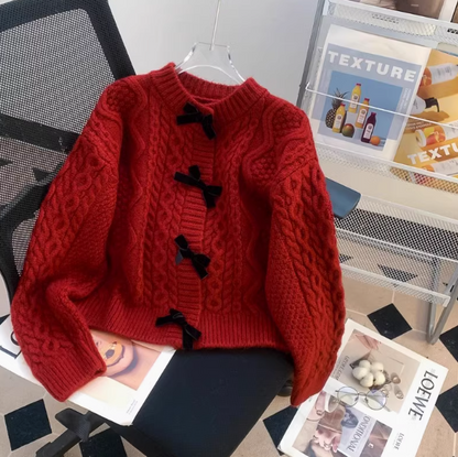 Super beautiful bow sweater coat for women autumn and winter new loose lazy style sweet knitted cardigan ED0106