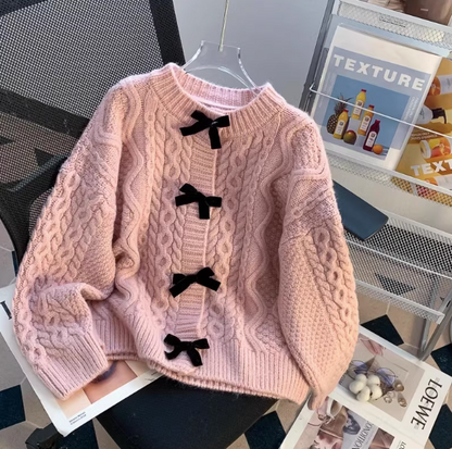 Super beautiful bow sweater coat for women autumn and winter new loose lazy style sweet knitted cardigan ED0106