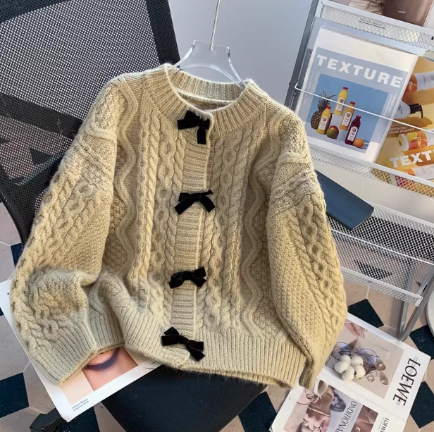 Super beautiful bow sweater coat for women autumn and winter new loose lazy style sweet knitted cardigan ED0106