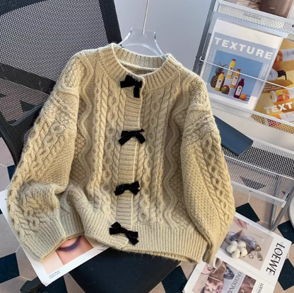 Super beautiful bow sweater coat for women autumn and winter new loose lazy style sweet knitted cardigan ED0106