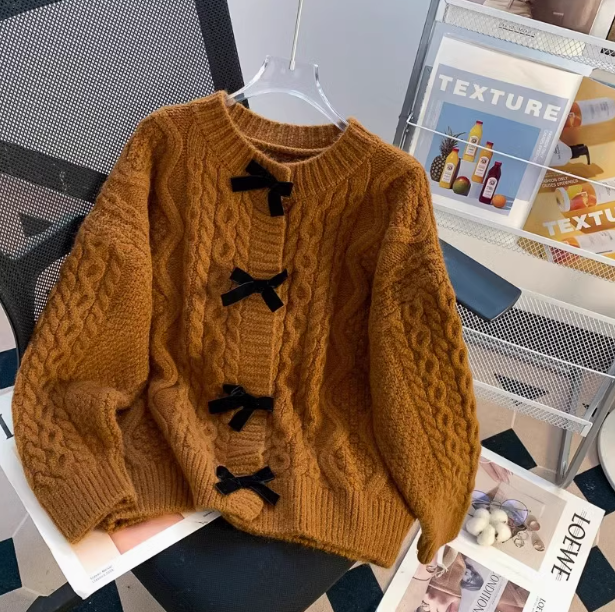 Super beautiful bow sweater coat for women autumn and winter new loose lazy style sweet knitted cardigan ED0106