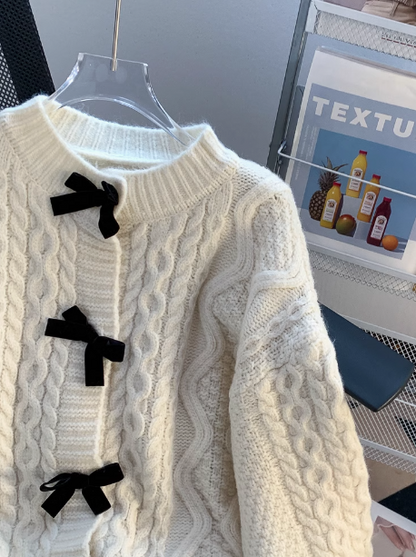 Super beautiful bow sweater coat for women autumn and winter new loose lazy style sweet knitted cardigan ED0106
