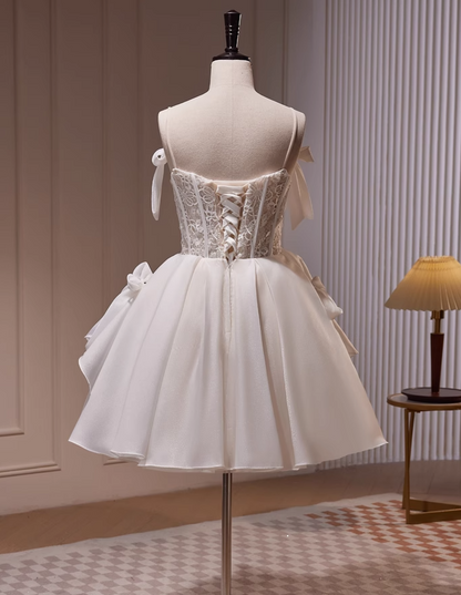 Off-white A-line spaghetti strap tulle lace short prom dress, Off-white homecoming dress birthday dresss ED1072