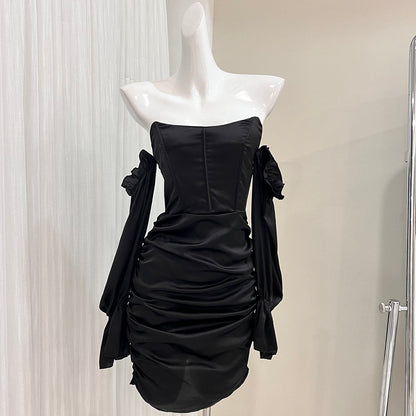 Black strapless long sleeve hip dress birthday party dress ED01076