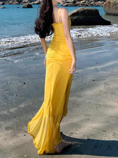 French retro yellow holiday style sling fork long skirt  ED01080