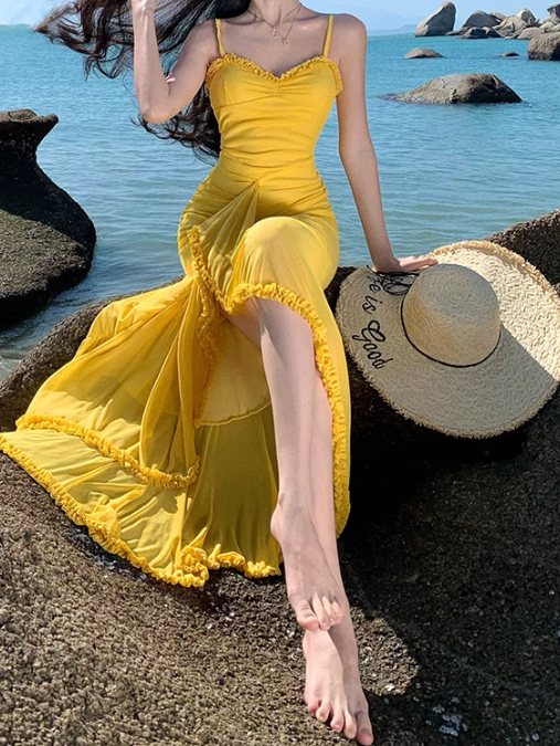 French retro yellow holiday style sling fork long skirt  ED01080