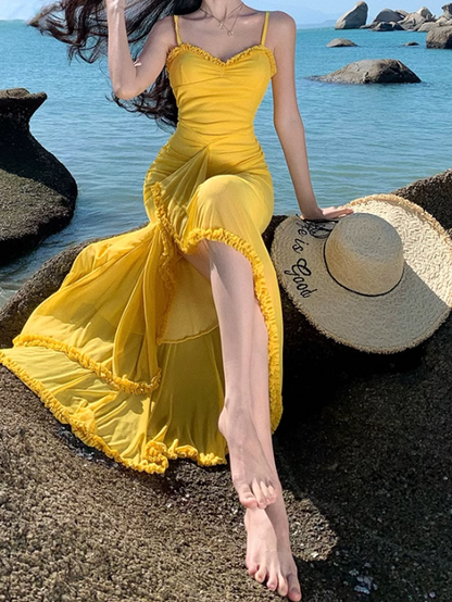 French retro yellow holiday style sling fork long skirt  ED01080