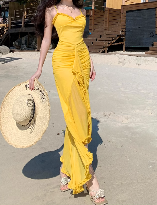 French retro yellow holiday style sling fork long skirt  ED01080