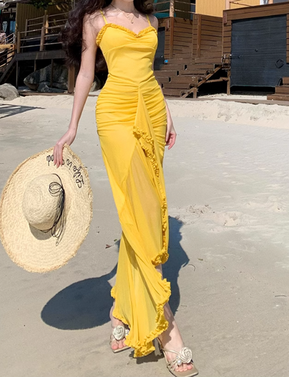 French retro yellow holiday style sling fork long skirt  ED01080