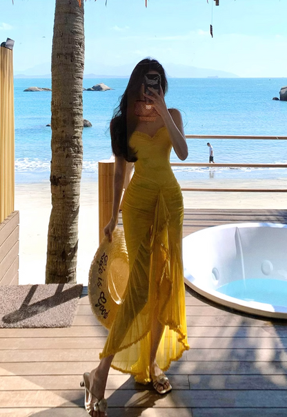 French retro yellow holiday style sling fork long skirt  ED01080