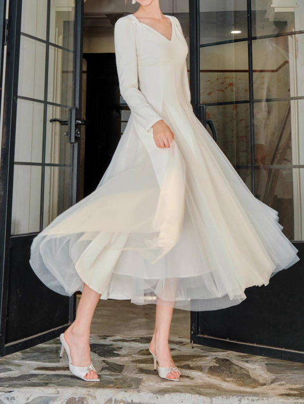 French style white A-line long-sleeved dress ED01082