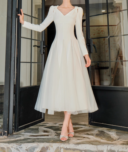 French style white A-line long-sleeved dress ED01082