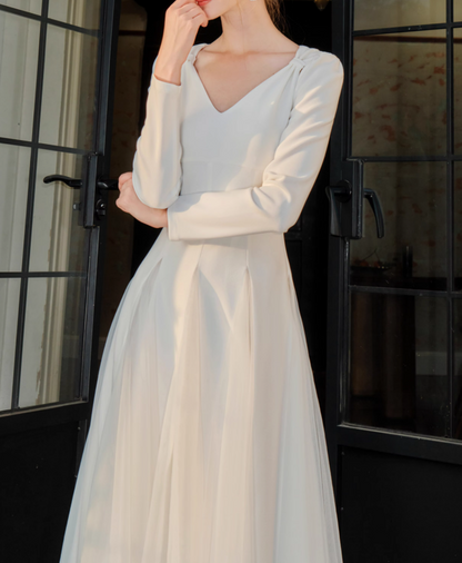 French style white A-line long-sleeved dress ED01082