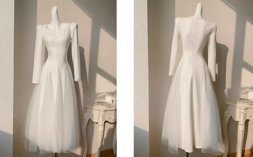 French style white A-line long-sleeved dress ED01082
