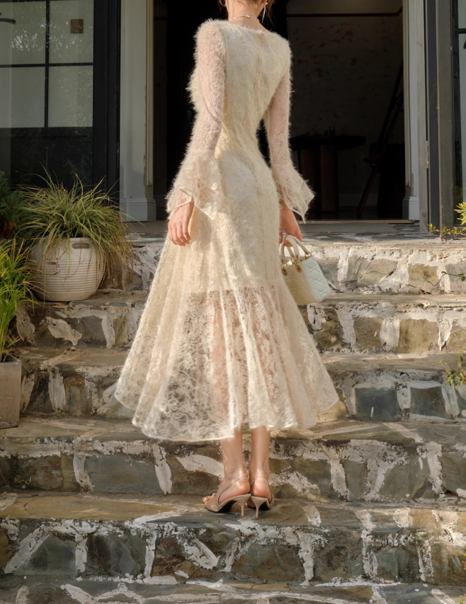 French Retro Apricot Lace Long Sleeve Knitted Dress  Velvet Princess Dress ED01083