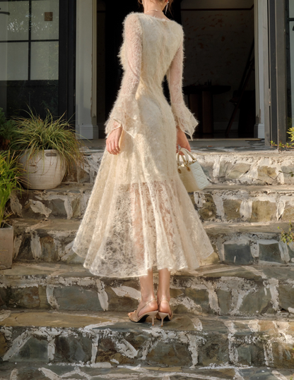 French Retro Apricot Lace Long Sleeve Knitted Dress  Velvet Princess Dress ED01083