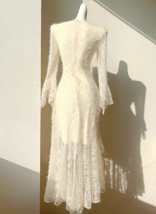 French Retro Apricot Lace Long Sleeve Knitted Dress  Velvet Princess Dress ED01083