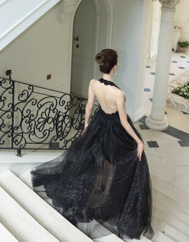 Black fine shimmer tulle dress French halterneck backless dress ED01085