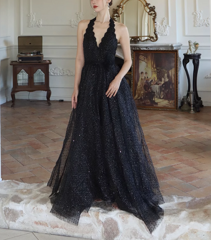 Black fine shimmer tulle dress French halterneck backless dress ED01085