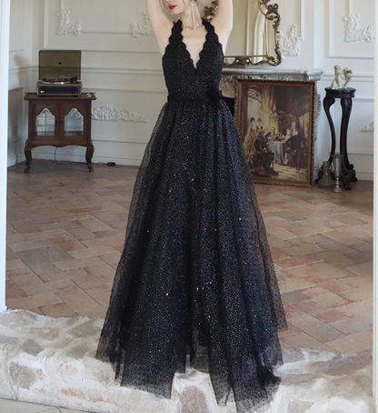 Black fine shimmer tulle dress French halterneck backless dress ED01085